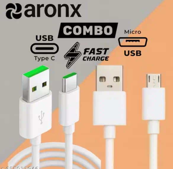 COMBO of 1Pc 65W/5A VOOC Type-C Data Cable Fast Charging + 1Pc Micro USB Data Cable 1Mtr Fast Charging